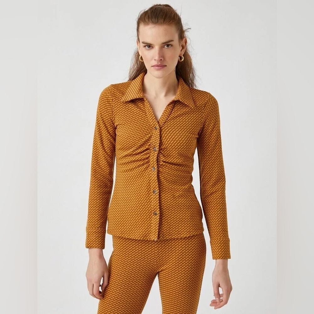 KOTON Buttoned Detailed Patterned Shirt Size M Mustard - Picture 3 of 17